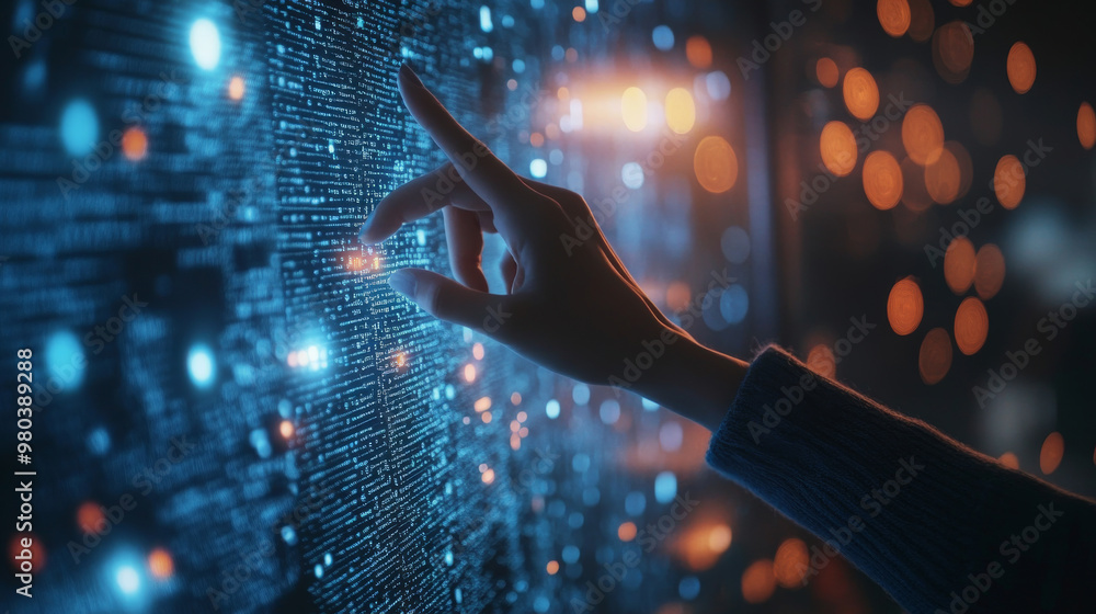 Poster big data concept. digital neural network. businesswoman’s hand engaging with artificial intelligence