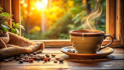 Aromatic morning coffee in a cozy ceramic mug, with warm sunlight streaming through a nearby window