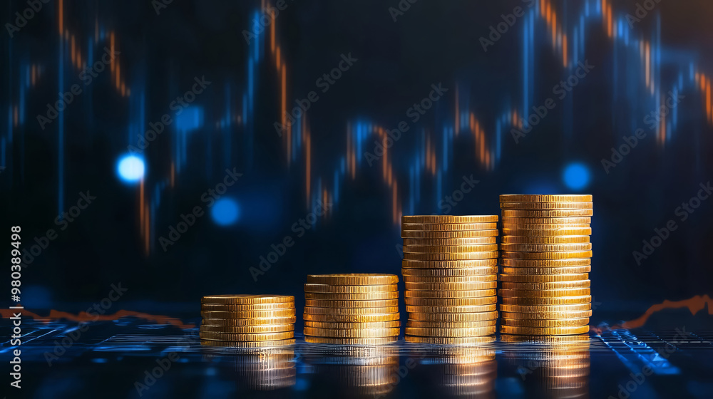 Poster stacks of golden coins representing financial growth and investment against a backdrop of a financia