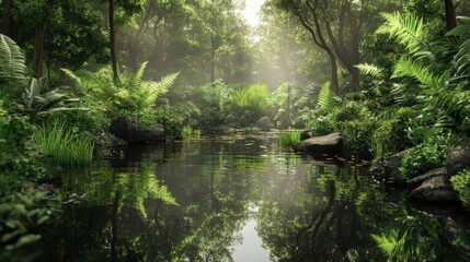 A mystical forest with a small, serene pond surrounded by lush greenery.