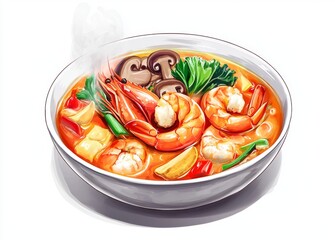 A bowl of Tom Yum Goong soup, with shrimp and prawns in the middle, mixed vegetables at one end, and mushrooms on top