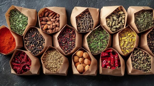 A colorful array of spices and herbs. Colorful spices, nuts, seeds, dried fruits, and herbal flowers. Seasoning spices background. Culinary traditions. Spices for cooking. Natural ingredients. Healthy