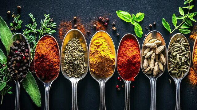 A colorful array of spices and herbs. Colorful spices, nuts, seeds, dried fruits, and herbal flowers. Seasoning spices background. Culinary traditions. Spices for cooking. Natural ingredients. Healthy