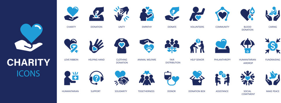 Charity and donation flat icons set. Donated, unity, caring, community, assistance, support, donor, help, volunteer, icons and more signs. Flat icon collection.