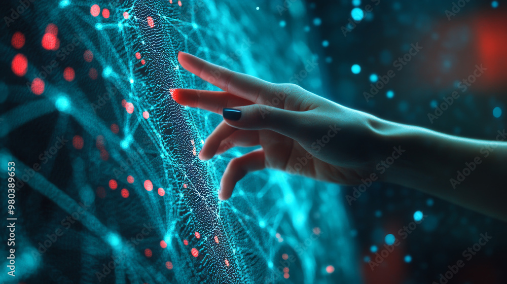 Poster big data concept. digital neural network. businesswoman’s hand engaging with artificial intelligence