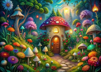 Whimsical acrylic artwork depicting an underground fairy tale home, complete with glowing mushrooms, colorful flowers, and a tiny door, surrounded by curious animal friends.