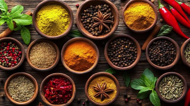 A colorful array of spices and herbs. Colorful spices, nuts, seeds, dried fruits, and herbal flowers. Seasoning spices background. Culinary traditions. Spices for cooking. Natural ingredients. Healthy