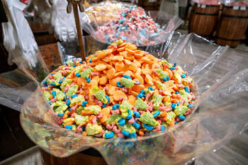 Marmalade in different shapes and colours in the shop. Sweets