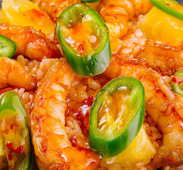 Delicious fried rice with shrimps and pineapple topped with jalapeno pepper slices