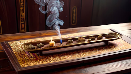 Burning Incense on a Wooden Table