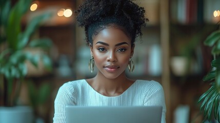 Confident Young Black Woman Working on Laptop in a Cafe