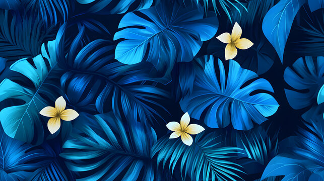 Fototapeta Seamless pattern featuring layered tropical leaves in varying shades of blue 