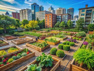 Fototapeta premium Vibrant urban community garden with diverse raised beds of lush greenery, showcasing local agriculture's potential in city spaces, sustainability, and community spirit.