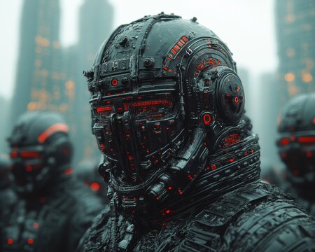 Robotic soldiers clad in armor with glowing red accents form a regiment, combining high-tech innovation with traditional aesthetics in a foggy landscape.