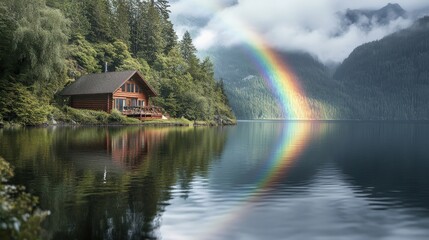 A rainbow arching over a quiet lakeside cabin, with its colors reflecting in the still waters of the lake.