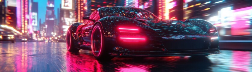 A sleek, futuristic sports car with neon lights speeds through a vibrant, rain-soaked city at...