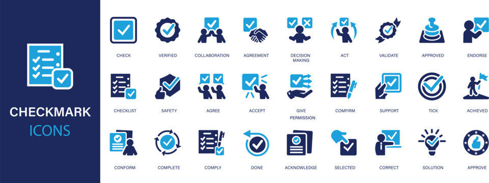 Check mark flat icons set. Approved, selected, accept, check, message, correct icons and more signs. Flat icon collection.
