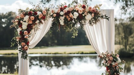 Elegant Wedding Floral Arch with White Drapes and Lake View