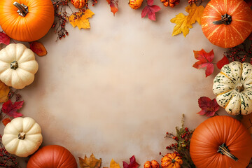 A top-down view of rustic autumn pumpkins arranged on a wooden surface. The pumpkins are various sizes and colors, surrounded by fallen leaves
