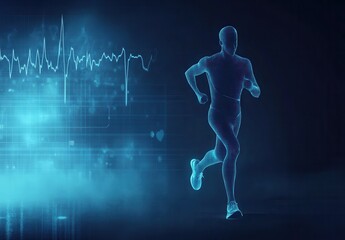 3d rendered illustration of a human body. Athlete with Heart Rate Monitor Logo against a dark blue backdrop. Sports and wellness applications
