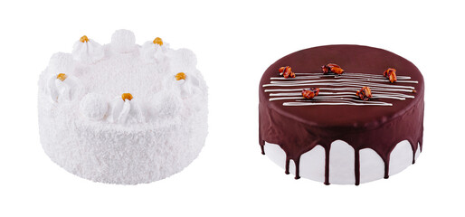 Two delicious cakes with white and brown chocolate icing decorated with nuts and cream topping on white background