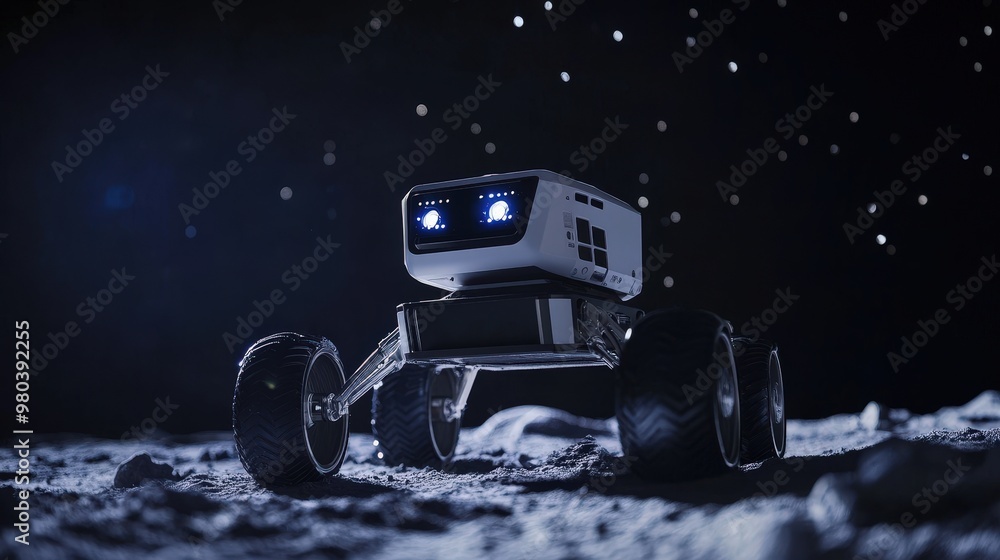 Poster a sleek moon robot navigates the harsh environment of the moon, its robust design allowing it to end