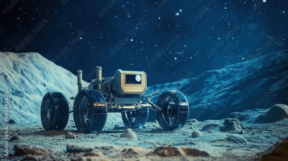 Poster a sleek moon robot navigates the harsh environment of the moon, its robust design allowing it to end