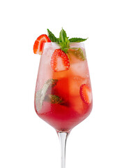 Refreshing strawberry cocktail standing on white background