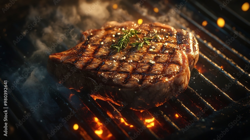 Poster A photorealistic depiction of a beef steak grilling, capturing vivid light and shadow in a graceful style