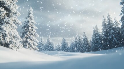 A snow-covered pine forest with gently falling snowflakes.