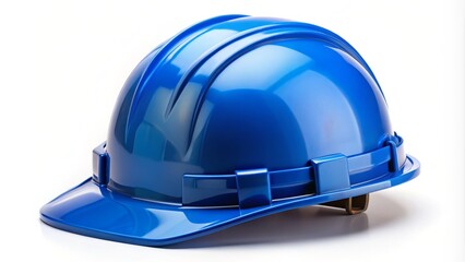 Fototapeta premium Blue hard hat with brim and chin strap isolated on a white background with drop shadow