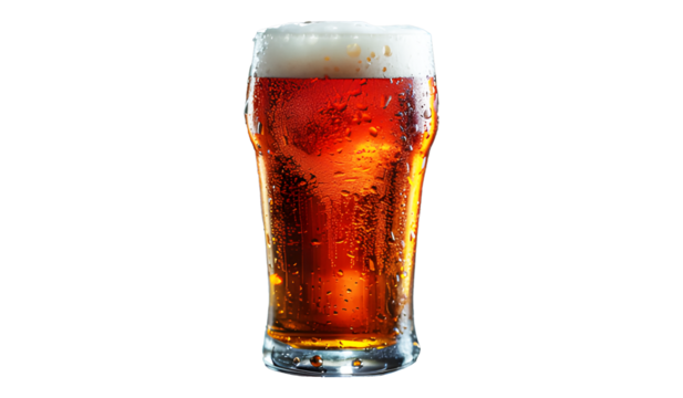 Yellow gold Beer with white bubbles on top in luxurious glass tall isolated on cut out PNG or transparent background. For celebrate various festivals. Realistic drink alcohol template pattern.