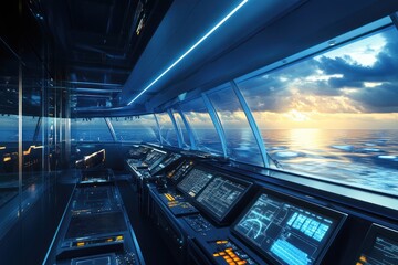 Futuristic Ship Bridge with Ocean View at Sunset