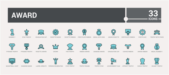 Fototapeta premium Award colorful icon collection. Color icons of winner medal, victory cup and trophy reward. Line icon for web and ui. Icon names are written in English.