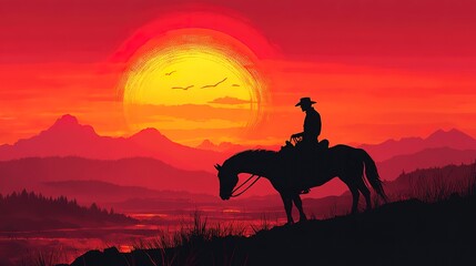 A silhouetted cowboy on horseback against a vivid sunset landscape