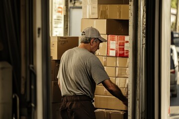 A man in a gray shirt loading cardboard boxes into a truck.