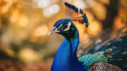 Fototapeta premium Close-up of a Peacock's Head and Neck with Feathers in the Background