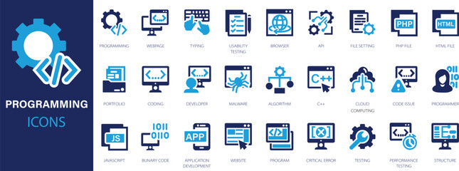 Coding and Programming flat icons set. Developer, code, software, website, cloud, web development icons and more signs. Flat icon collection.
