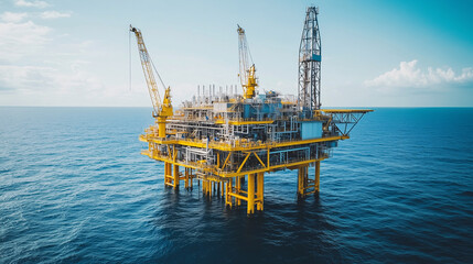 Offshore oil and gas rig construction station platform on the sea. Industry searching for fuel and energy, extract process petroleum and natural gas at ocean beneath seabed