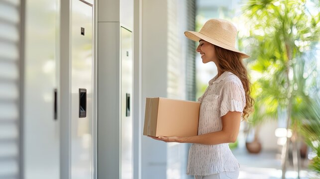 Customer receiving a package from a smart locker in a modern neighborhood