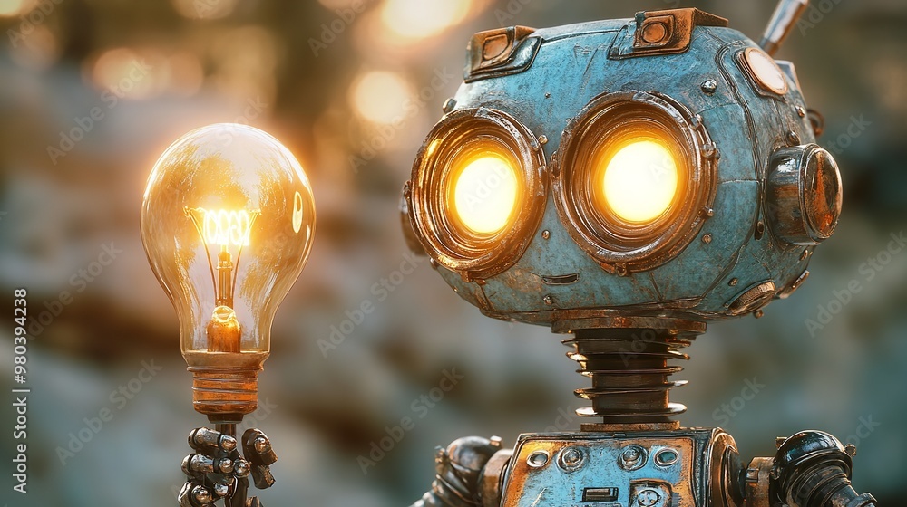 Poster glowing robot head in futuristic workshop idea concept with copy space