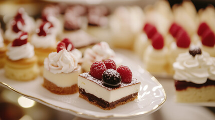  A selection of miniature desserts with cream and berries, elegantly presented on a white dish