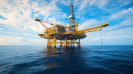 Offshore oil and gas rig construction station platform on the sea. Industry searching for fuel and energy, extract process petroleum and natural gas at ocean beneath seabed