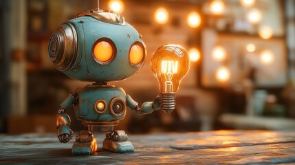 Fototapeta premium Glowing Robot Head in Futuristic Workshop Idea Concept with Copy Space