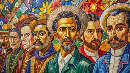 Fototapeta premium Vibrant colors and bold textures celebrate Latin American icons in a stunning mosaic, honoring cultural legacy and heritage of trailblazing Hispanic pioneers.