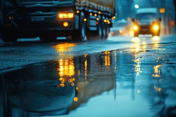 Obraz premium Reflections of Vehicles and City Lights in a Wet Street