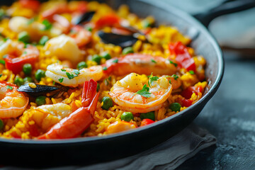 Seafood paella in black pan dark, isolated on dark background