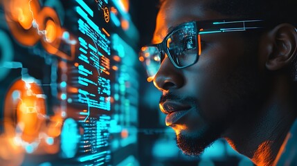 Cybersecurity data analyzed by African American IT pro through holography.