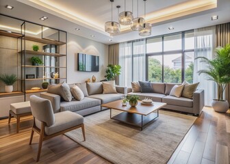 Cozy minimalist living area with sleek furniture, neutral tones, and abundant natural light, awaiting joyful modern family moments to be captured within its tidy confines.