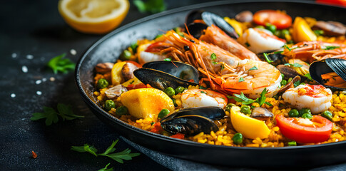 Seafood paella in black pan dark, isolated on dark background